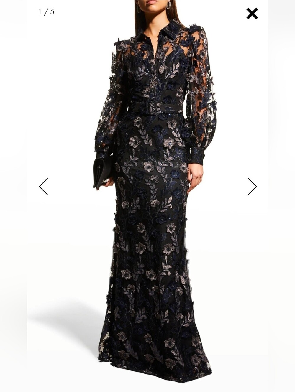 Badgley Mischka Navy and Silver Floral Lace Tulle Gown Shirt Dress